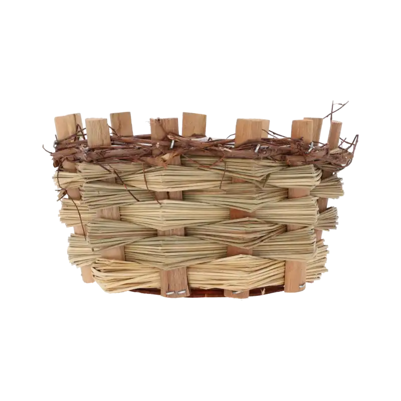 Detale splotu naturalnego drewna w osłonce o średnicy 18 cm, widoczna struktura materiału i górne wykończenie z gałązek.