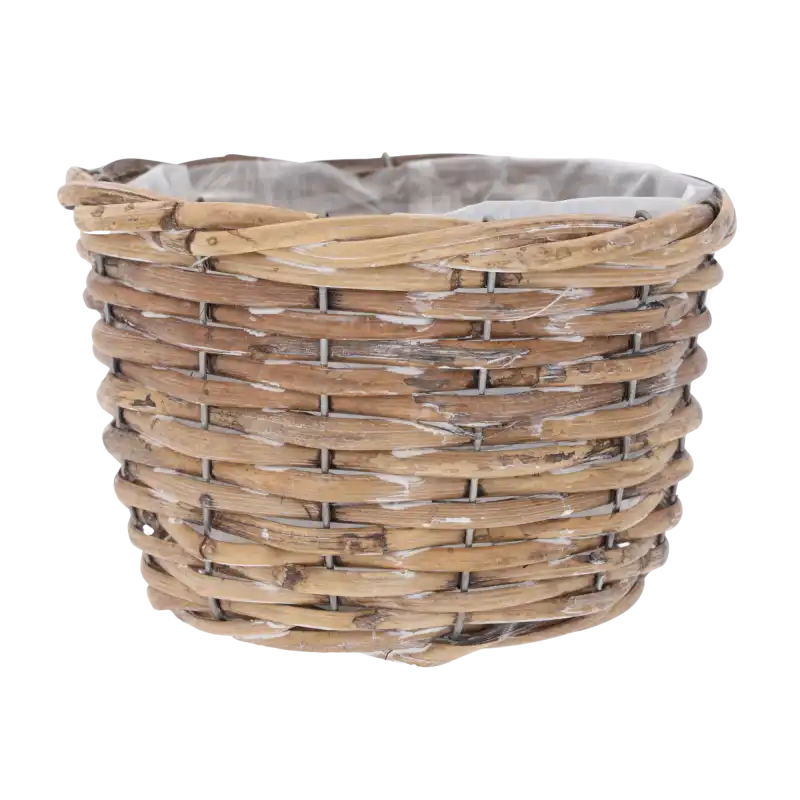 Profil osłonki wiklinowej o okrągłym kształcie, eksponujący naturalną fakturę materiału oraz wewnętrzną folię.