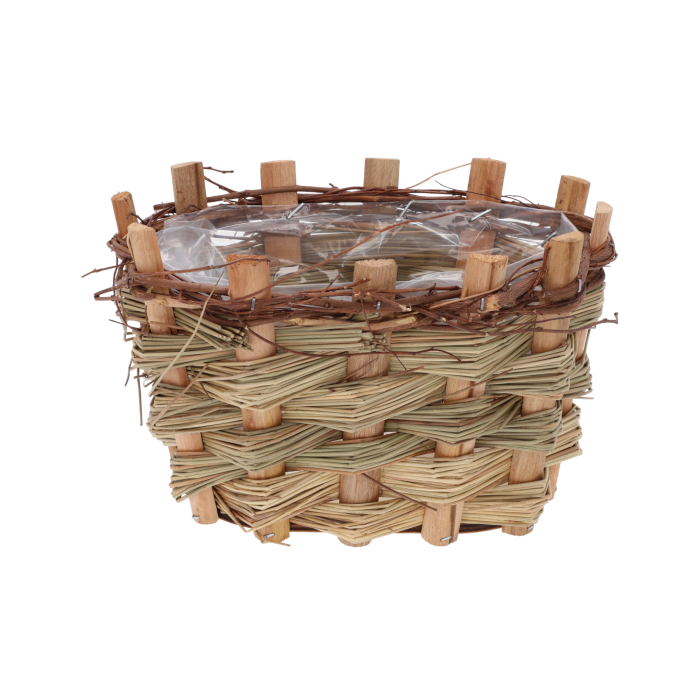 Owalna osłonka drewniana z kory o wymiarach 20x16 cm z dekoracyjną plecionką i folią ochronną wewnątrz, ukazana na białym tle.