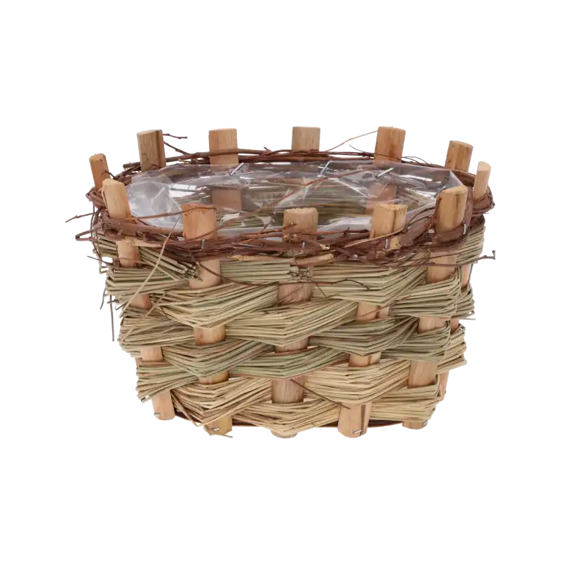 Owalna osłonka drewniana z kory o wymiarach 20x16 cm z dekoracyjną plecionką i folią ochronną wewnątrz, ukazana na białym tle.