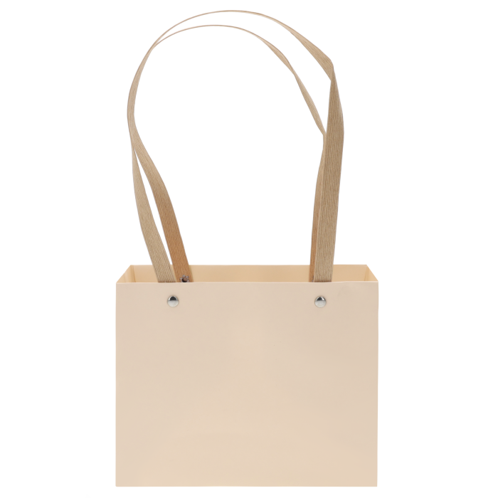 Beżowa torebka kwiatowa 18 cm, wykonana ze sztywnego papieru dekoracyjnego z wygodnymi uchwytami. Elegancka forma idealna do bukietów.