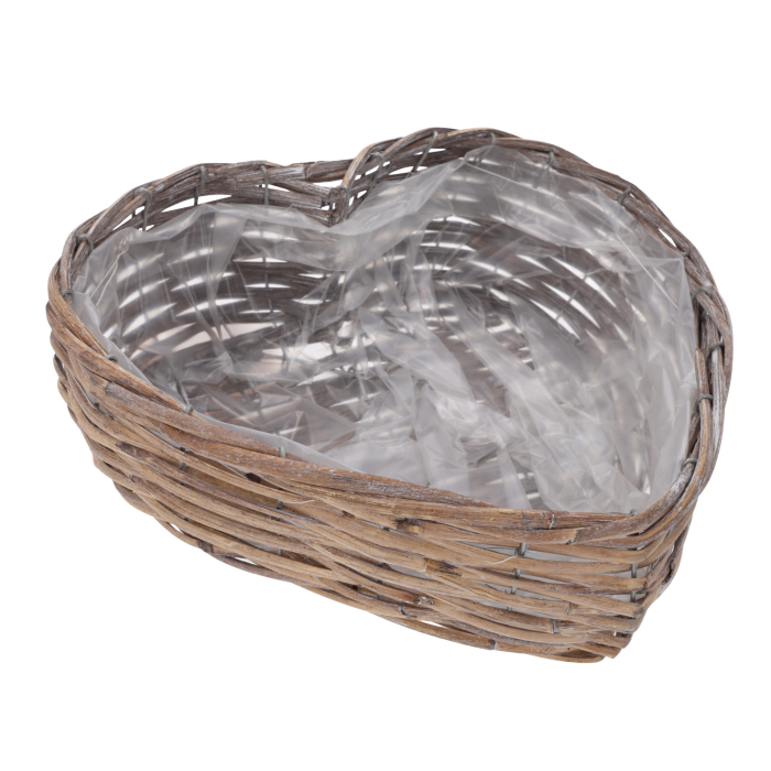 Osłonka wiklinowa w kształcie serca o wymiarach 32x27 cm z wkładem z folii ochronnej. Naturalny kosz do roślin doniczkowych i kompozycji florystycznych.