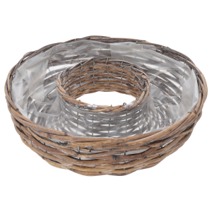 Okrągła osłonka wiklinowa o średnicy 35 cm z tunelem wewnętrznym. Naturalny splot i przejrzysta folia ochronna tworzą bazę do roślin doniczkowych i stroików.