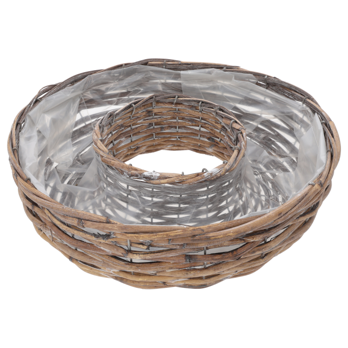 Okrągła osłonka wiklinowa o średnicy 35 cm z tunelem wewnętrznym. Naturalny splot i przejrzysta folia ochronna tworzą bazę do roślin doniczkowych i stroików.