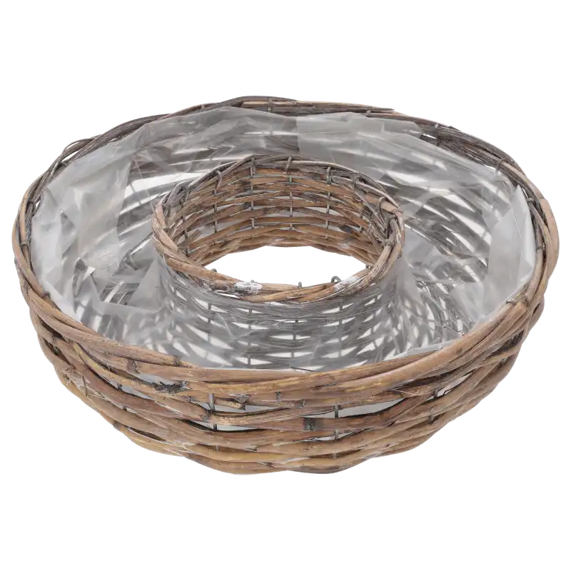 Okrągła osłonka wiklinowa o średnicy 35 cm z tunelem wewnętrznym. Naturalny splot i przejrzysta folia ochronna tworzą bazę do roślin doniczkowych i stroików.