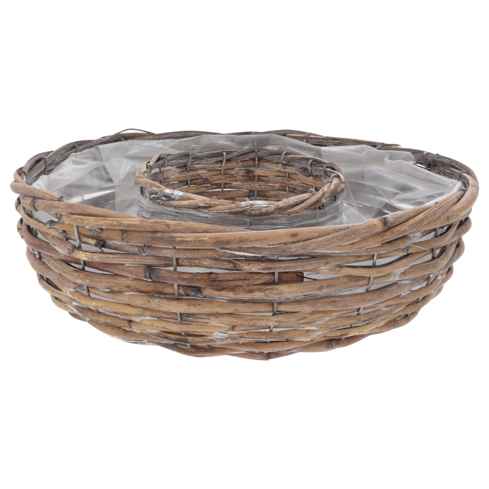 Prezentacja bocznego profilu naturalnej osłonki wiklinowej o średnicy 35 cm. Widoczna struktura splotu oraz wewnętrzna folia zabezpieczająca.