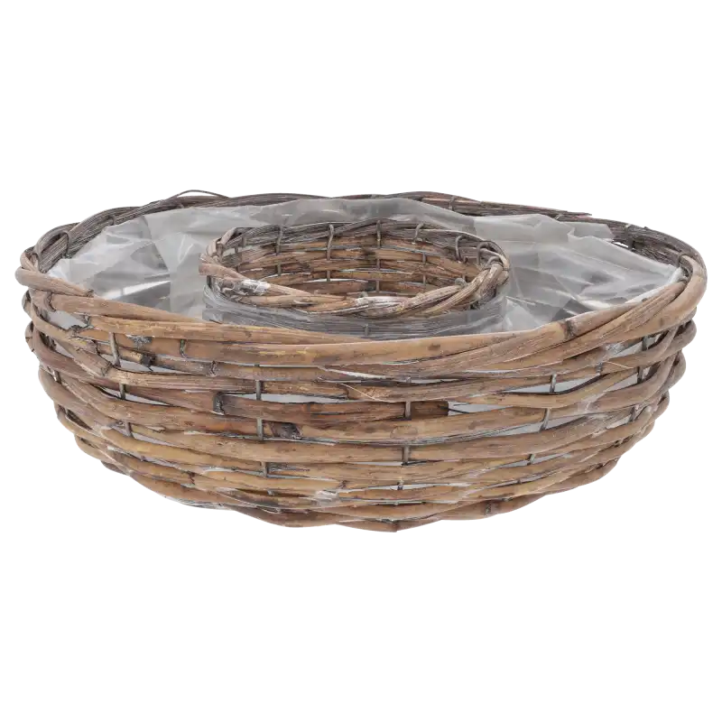 Prezentacja bocznego profilu naturalnej osłonki wiklinowej o średnicy 35 cm. Widoczna struktura splotu oraz wewnętrzna folia zabezpieczająca.