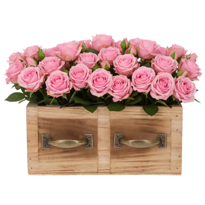 Prostokątna osłonka drewniana 22x12 cm z kompozycją sztucznych różowych róż, idealna jako element dekoracji wnętrza lub stroika.