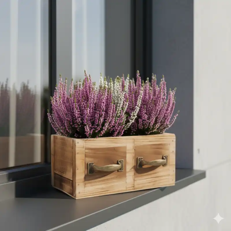 Drewniana skrzynka 22x12 cm z kompozycją kwiatową ustawiona na zewnętrznym parapecie, prezentująca zastosowanie w aranżacji balkonu.