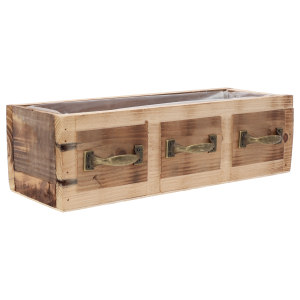 Prostokątna skrzynka dekoracyjna z drewna o wymiarach 33x12 cm. Wyposażona w wewnętrzną folię ochronną oraz ozdobne uchwyty, stanowi bazę do kompozycji roślinnych.