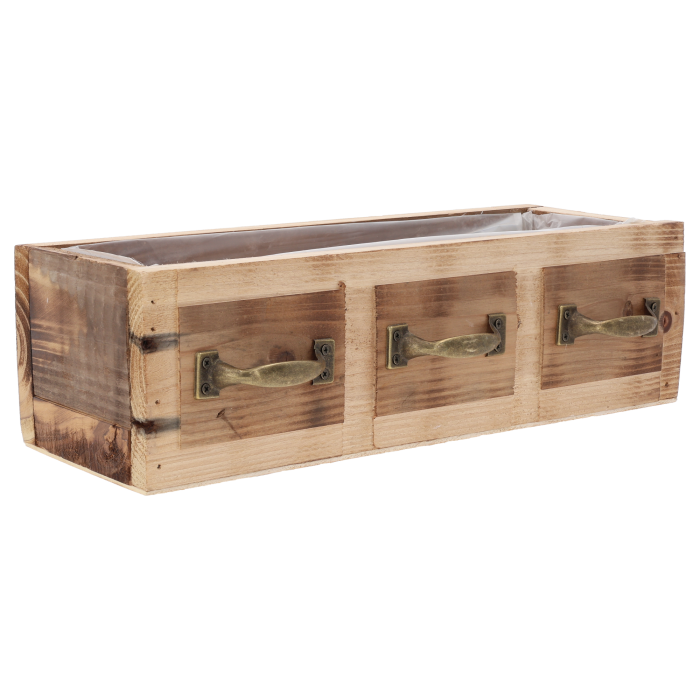 Prostokątna skrzynka dekoracyjna z drewna o wymiarach 33x12 cm. Wyposażona w wewnętrzną folię ochronną oraz ozdobne uchwyty, stanowi bazę do kompozycji roślinnych.