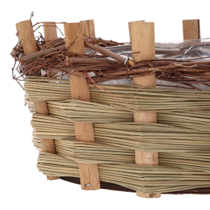 Zbliżenie na splot naturalnego drewna w owalnej osłonce, ukazujące fakturę materiału oraz sposób mocowania krawędzi.