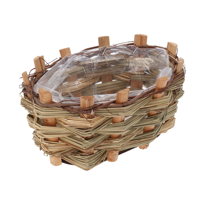 Owalna osłonka 20x15 cm drewniane z kory z widoczną folią ochronną wewnątrz. Pleciona konstrukcja w naturalnym stylu.