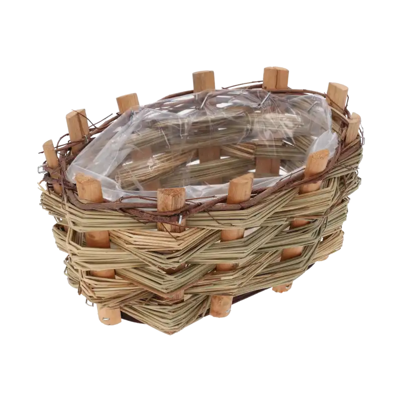 Owalna osłonka 20x15 cm drewniane z kory z widoczną folią ochronną wewnątrz. Pleciona konstrukcja w naturalnym stylu.