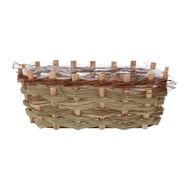 Owalna drewniana osłonka z kory 40 cm o naturalnej plecionce. Produkt posiada przezroczystą folię ochronną wewnątrz, ułatwiającą sadzenie roślin doniczkowych.