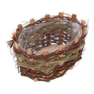 Owalna drewniana osłonka z kory 25x18 cm. Naturalna plecionka z folią ochronną wewnątrz, idealna baza do roślin.