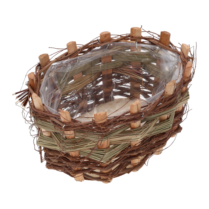 Owalna drewniana osłonka z kory 25x18 cm. Naturalna plecionka z folią ochronną wewnątrz, idealna baza do roślin.