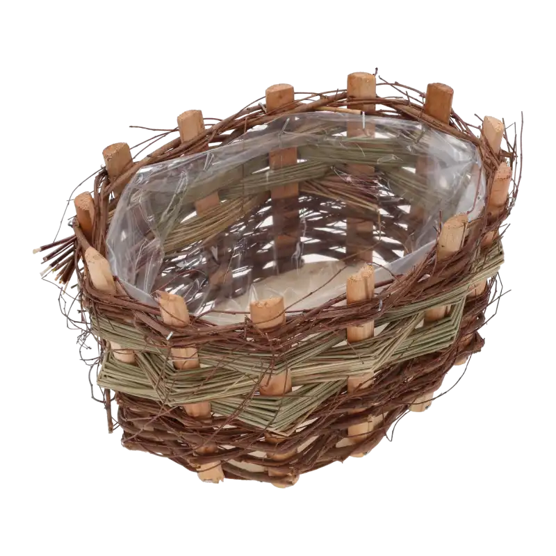 Owalna drewniana osłonka z kory 25x18 cm. Naturalna plecionka z folią ochronną wewnątrz, idealna baza do roślin.