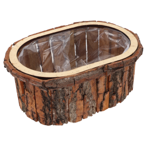 Owalna osłonka drewniana z kory o wymiarach 30x20 cm. Naturalny produkt z folią ochronną do roślin i kompozycji.