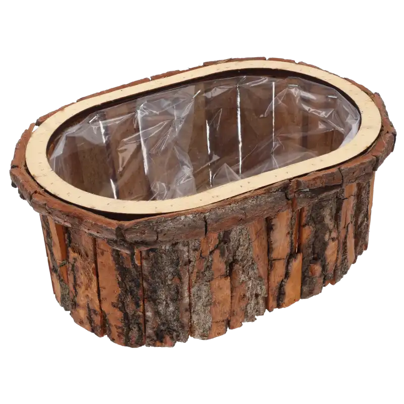 Owalna osłonka drewniana z kory o wymiarach 30x20 cm. Naturalny produkt z folią ochronną do roślin i kompozycji.