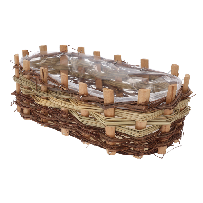 Owalna osłonka drewniana z kory o wymiarach 33x17 cm. Naturalna plecionka z folią ochronną wewnątrz, idealna do roślin doniczkowych.