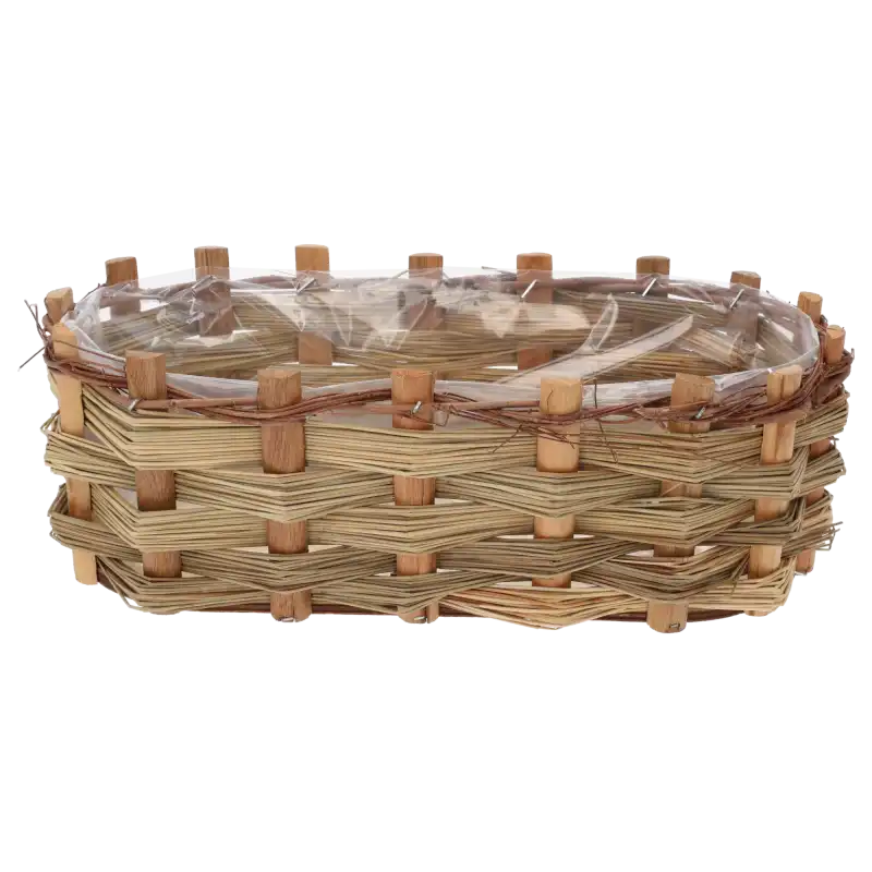 Owalna osłonka drewniana z kory 33x17 cm z plecionką i folią ochronną. Widok z boku prezentuje rustykalny styl dekoracji.