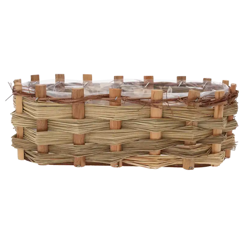 Prezentacja owalnej osłonki z kory 33x17 cm na neutralnym tle. Widoczna struktura plecionki i brzegi konstrukcji.