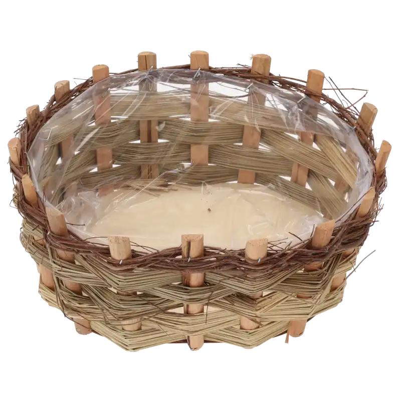 Owalna osłonka z kory 30x24 cm o rustykalnym splocie. Wnętrze z folią ochronną, idealna do dekoracji roślinnych w domu i ogrodzie.