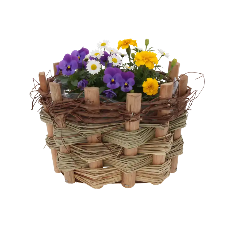 Owalna osłonka drewniana 18x14 cm wypełniona kolorowymi wiosennymi kwiatami, wyeksponowana na białym tle.