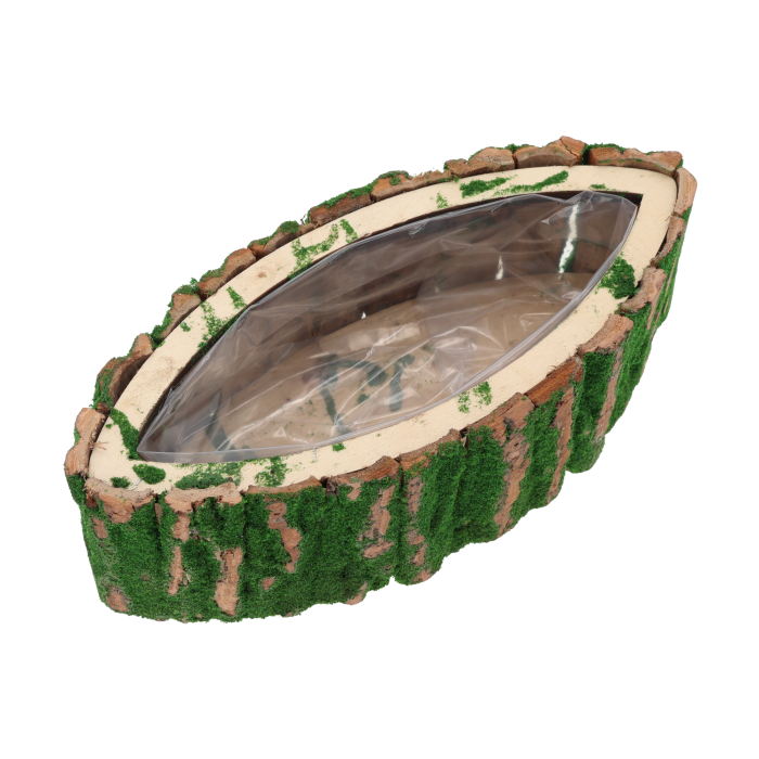 Osłonka z kory z mchem w kształcie łezki 32x14x11 cm. Naturalna dekoracja drewniana z folią ochronną do kompozycji kwiatowych.