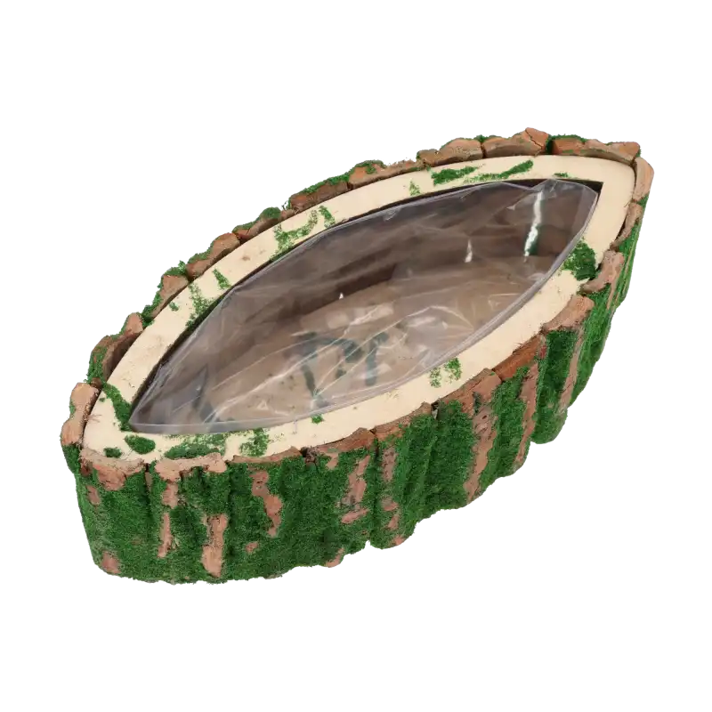 Osłonka z kory z mchem w kształcie łezki 32x14x11 cm. Naturalna dekoracja drewniana z folią ochronną do kompozycji kwiatowych.