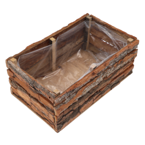 Prostokątna osłonka z kory 30x20 cm z drewnianymi wzmocnieniami i folią ochronną, widok z góry pod kątem.