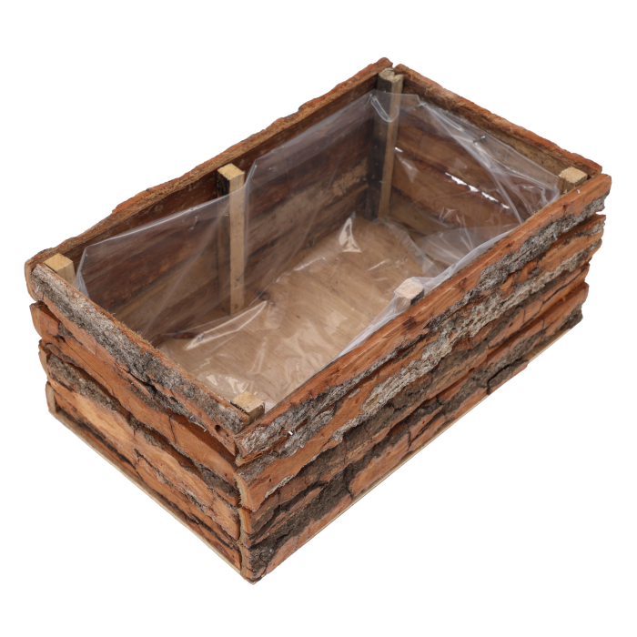 Prostokątna osłonka z kory 30x20 cm z drewnianymi wzmocnieniami i folią ochronną, widok z góry pod kątem.