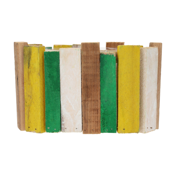 Owalna drewniana osłonka z kory o wymiarach 22x12x13 cm, wykonana z barwnych elementów w rustykalnym stylu, idealna do roślin.