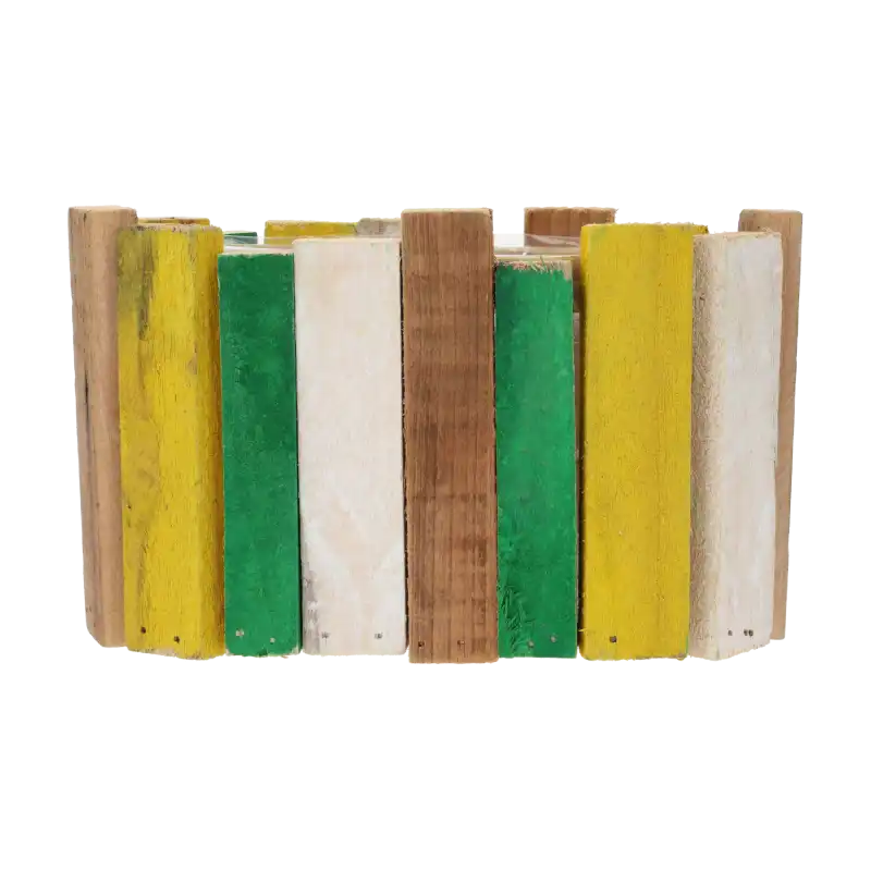 Owalna drewniana osłonka z kory o wymiarach 22x12x13 cm, wykonana z barwnych elementów w rustykalnym stylu, idealna do roślin.