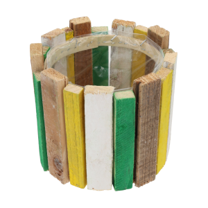 Okrągła drewniane z kory osłonka o wymiarach 17x17x15 cm. Model z barwnymi elementami i wewnętrzną folią ochronną, idealny do roślin.