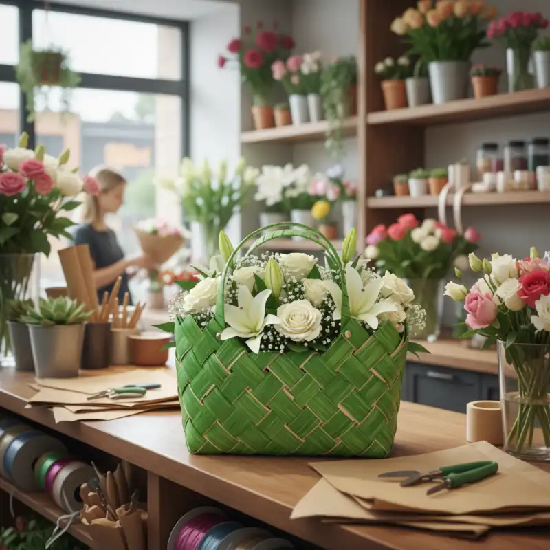 Zielona torba z kory na drewnianym blacie w pracowni florystycznej. W tle widoczne kwiaty oraz akcesoria do pakowania prezentów.