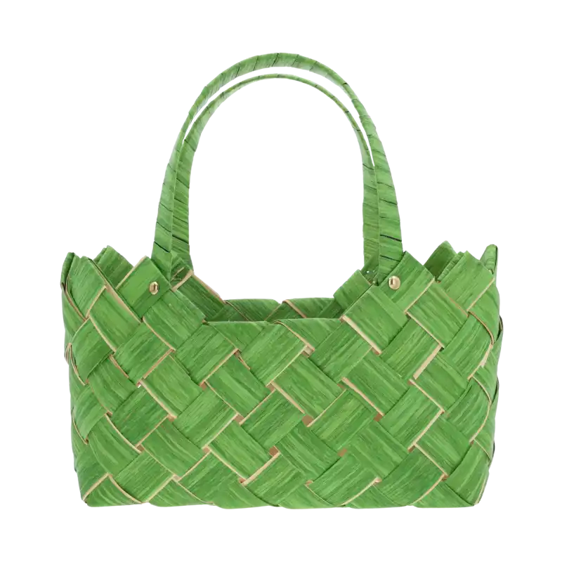 Zielona torba dekoracyjna 30x14 cm z wygodnymi uszami. Naturalna osłonka na rośliny doniczkowe lub eleganckie opakowanie prezentowe, wyposażona w folię ochronną.