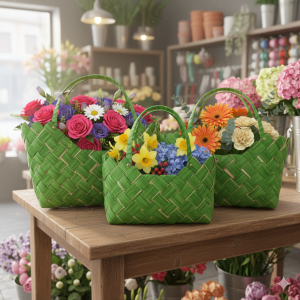 Trzy zielone torby dekoracyjne o różnej wielkości ustawione na drewnianym stole w kwiaciarni. Wypełnione barwnymi kwiatami, stanowią gotową dekorację florystyczną.
