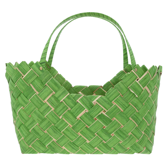 Zielona torba dekoracyjna 40x20 cm z wygodnymi uszami, idealna jako osłonka na kwiaty lub stylowy kosz prezentowy w domu.