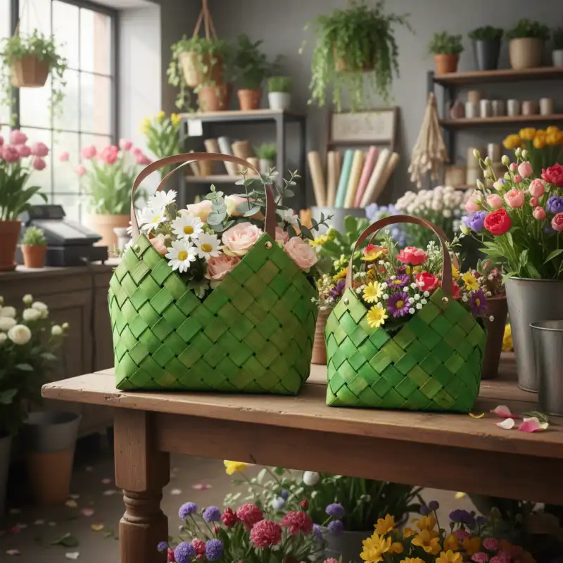 Dwie zielone torby dekoracyjne z kwiatami ustawione na drewnianym stole w pracowni florystycznej. Naturalna ozdoba do domu.