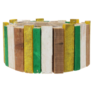 Zbliżenie na okrągłą osłonkę wykonaną z pionowych, barwnych elementów z drewna i kory. Widoczna tekstura naturalnego materiału oraz folia zabezpieczająca wnętrze produktu.