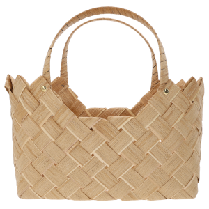 Brązowa torba dekoracyjna o wymiarach 34x17 cm wykonana z naturalnych surowców w stylu boho. Posiada wygodne uszy i wyplatany wzór, idealna jako osłonka.