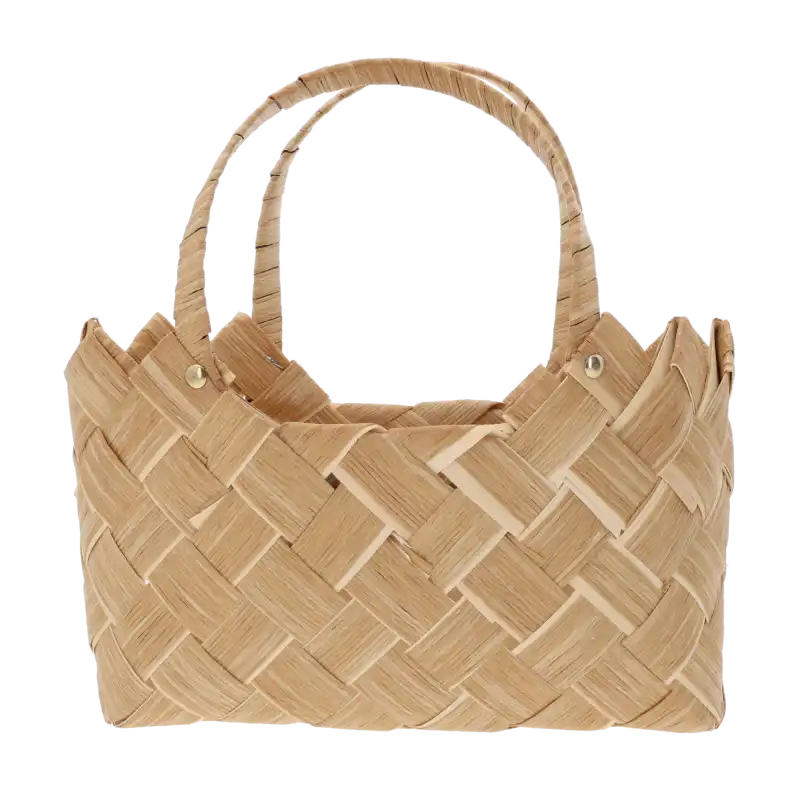 Brązowa torba dekoracyjna 27x12 cm o plecionej strukturze z wygodnymi uszami. Estetyczna osłonka na rośliny i dekoracje prezentowe utrzymana w naturalnym stylu boho.