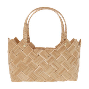 Brązowa torba dekoracyjna 27x12x17 cm z naturalnych materiałów o plecionej strukturze, idealna jako osłonka w stylu boho lub rustykalnym, widoczna od przodu z uchwytami.
