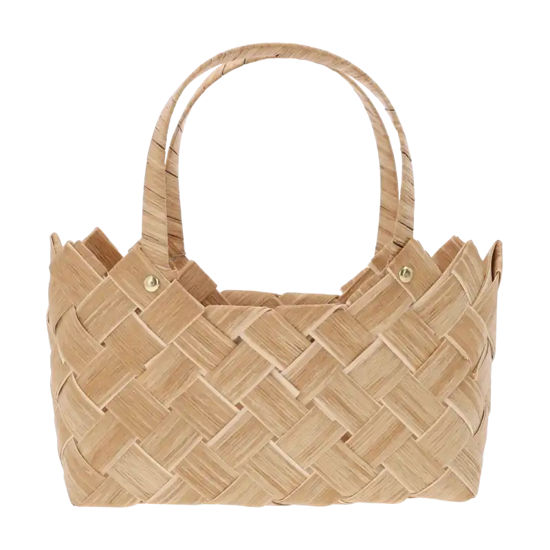 Brązowa torba dekoracyjna 27x12x17 cm z naturalnych materiałów o plecionej strukturze, idealna jako osłonka w stylu boho lub rustykalnym, widoczna od przodu z uchwytami.