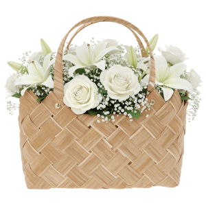 Brązowa torba dekoracyjna wypełniona kompozycją z białych róż i lilii, prezentująca możliwości wykorzystania produktu w profesjonalnej florystyce.