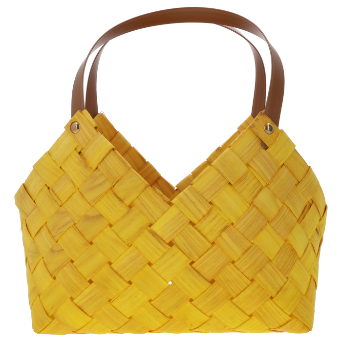 Żółta torba dekoracyjna 30x19 cm z naturalnych materiałów. Posiada brązowe uchwyty i ażurowy splot w stylu boho, idealna jako osłonka na rośliny lub prezent.