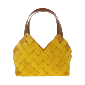 Żółta torba dekoracyjna 24x15x23 cm z naturalnych materiałów. Estetyczna osłonka na kwiaty z wygodnymi uchwytami w stylu boho.