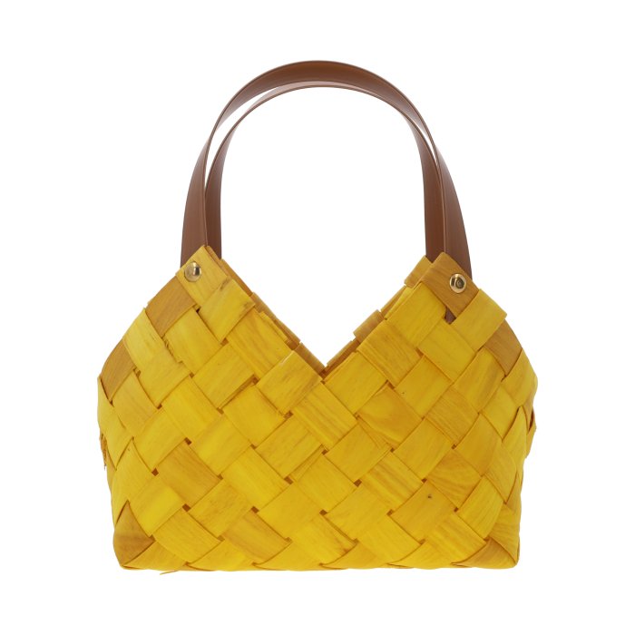 Żółta torba dekoracyjna 24x15x23 cm z naturalnych materiałów. Estetyczna osłonka na kwiaty z wygodnymi uchwytami w stylu boho.